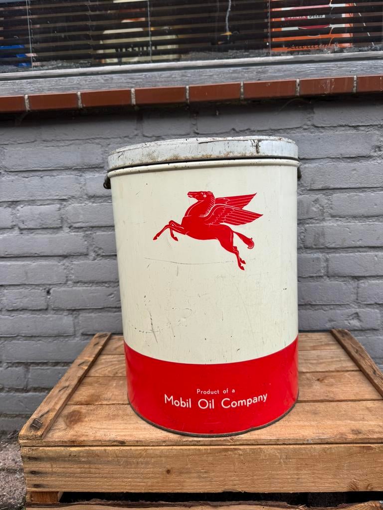 Boîte publicitaire Oud Groot Mobiloil, Collections, Boîte en métal, Utilisé, Autre, Autres marques, Enlèvement ou Envoi