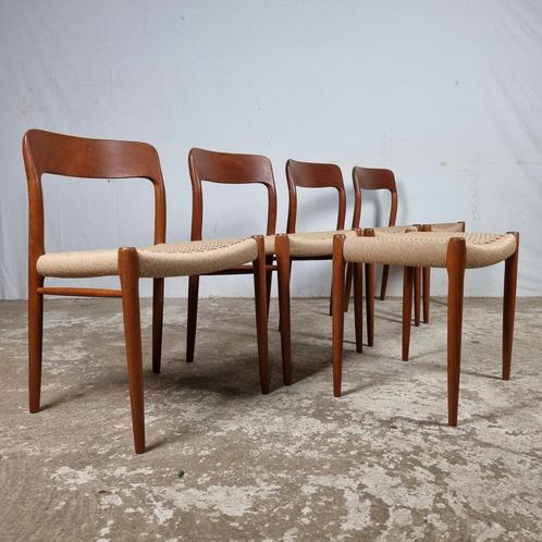 Niels Otto Møller model 75 stoelen vintage Deens jaren 50-60, Maison & Meubles, Chaises, Comme neuf, Quatre, Bois, Enlèvement ou Envoi