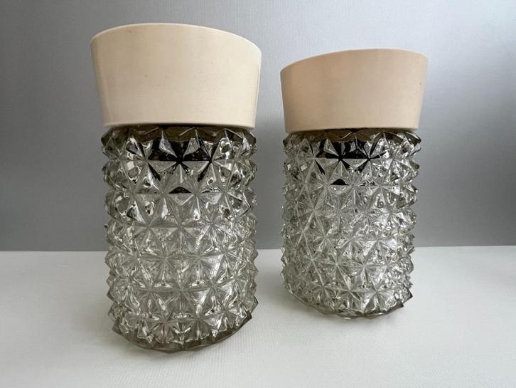 Paar vintage cilindervormige plafonnières, Huis en Inrichting, Lampen | Plafondlampen, Zo goed als nieuw, Glas, Kunststof, Verzenden