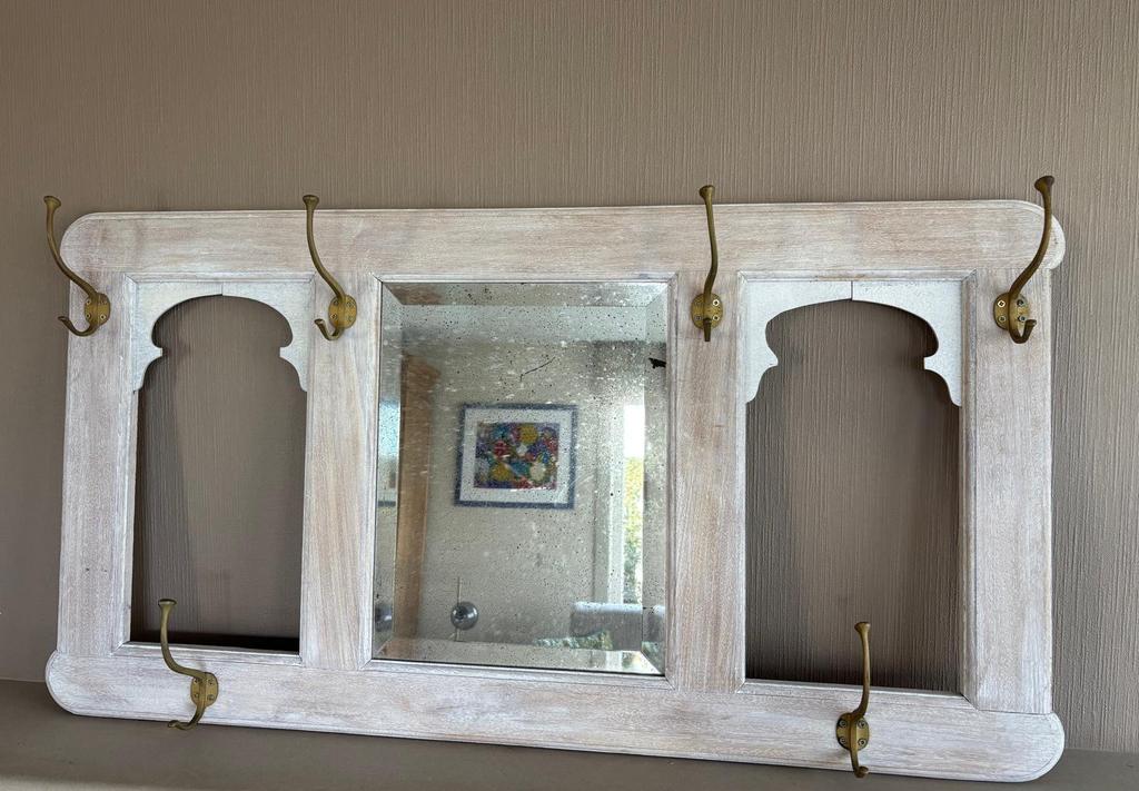 Prachtige Landelijke Kapstok met Spiegel & 6 Messing Haken, Ophalen, Gebruikt