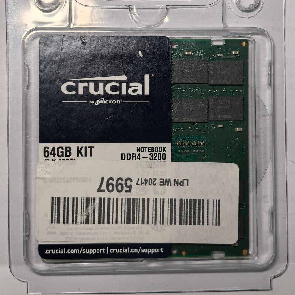 Crucial 64GB DDR4-3200 RAM kit (2x 32GB) - Nog nieuw!, Computers en Software, RAM geheugen, DDR4, Ophalen of Verzenden