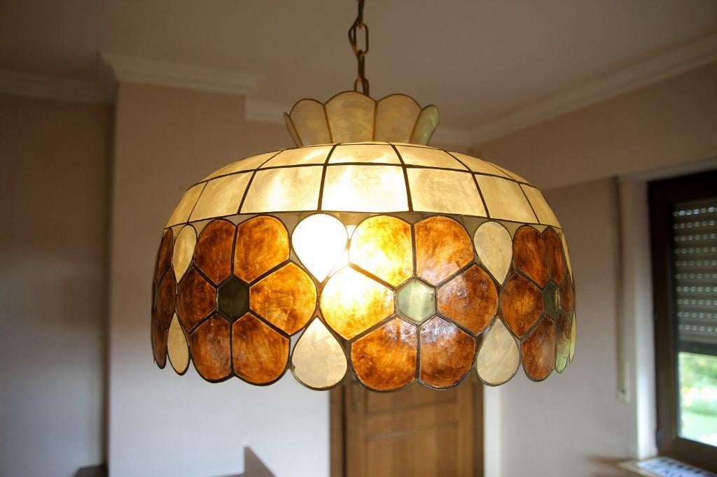 Vintage Capiz hanglamp, Ophalen, Zo goed als nieuw, Overige materialen, Minder dan 50 cm