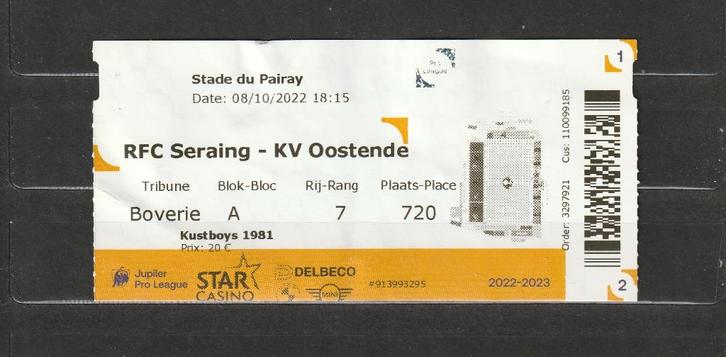 (gebruikt) ticket : RFC Seraing - KV Oostende : 08/10/2022, Verzamelen, Sportartikelen en Voetbal, Gebruikt, Overige typen, Ophalen of Verzenden