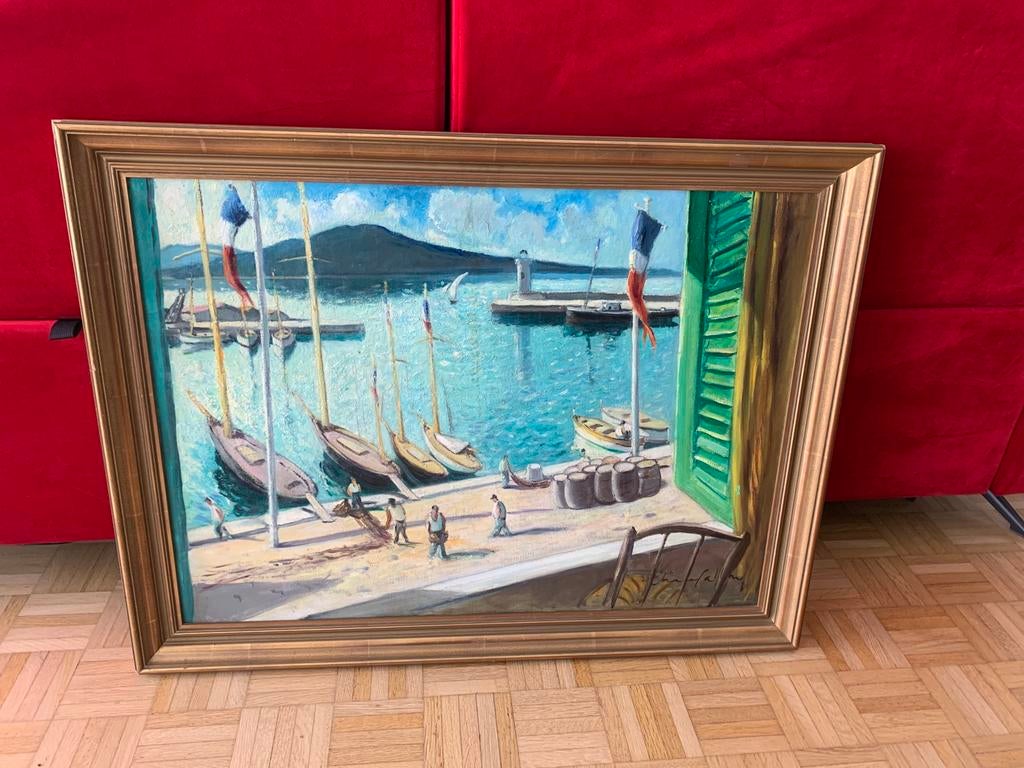 Peinture à l’huile. Vue sur un petit port de Méditerranée, Enlèvement