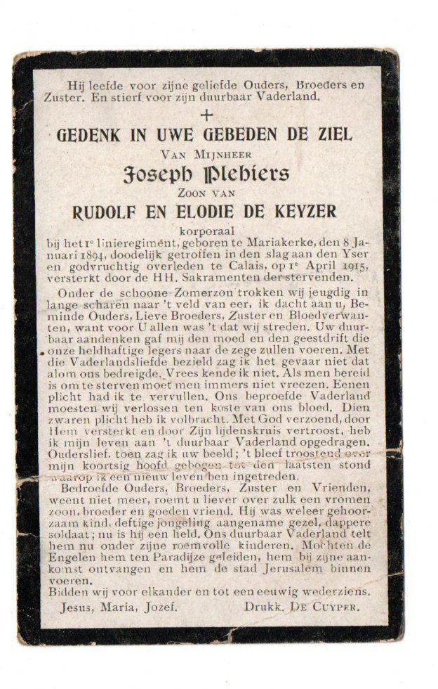 doodsprentje soldaat 1e linie Mariakerke + Calais 1915, Collections, Enlèvement ou Envoi, Carte de condoléances