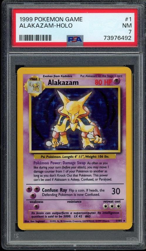 Alakazam Holo PSA 7 - 1/102 - Base Set 1999, Hobby en Vrije tijd, Verzamelkaartspellen | Pokémon, Zo goed als nieuw, Losse kaart