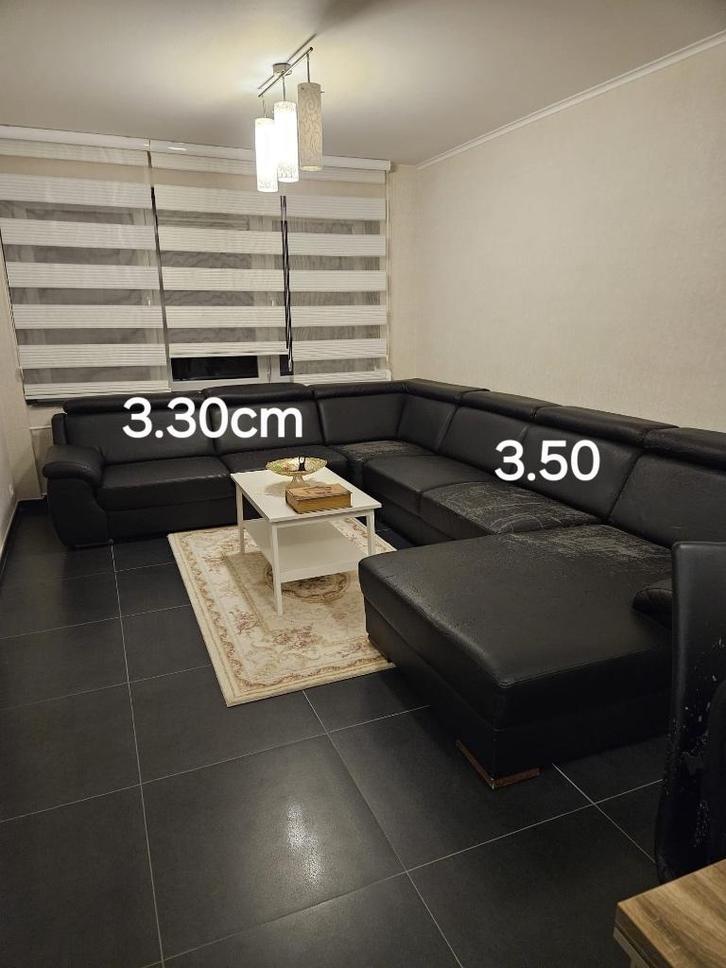 Zwarte leren zetel, Huis en Inrichting, Zetels | Zetels, Gebruikt, Hoekbank, Overige maten, 300 cm of meer, Leer, Ophalen