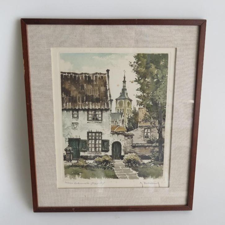 Vintage Ets Roger Hebbelinck Diksmuide Begijnhof, Antiek en Kunst, Kunst | Etsen en Gravures, Ophalen of Verzenden