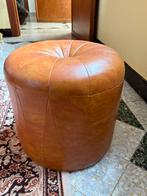 Vintage ronde poef / voetenbank – cognac kunstleder, Ophalen, Gebruikt