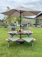Set de jardin complet avec parasol et base de parasol., Jardin & Terrasse, Tables de pique-nique, Rectangulaire, Bois, Pliant