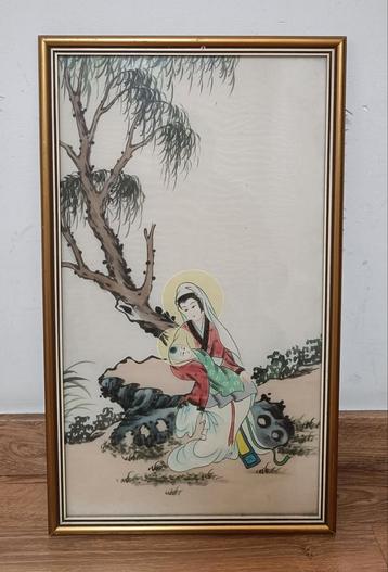 Japanse prent - aquarel op stof beschikbaar voor biedingen