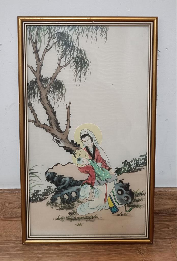 Japanse prent - aquarel op stof, Antiek en Kunst, Kunst | Tekeningen en Fotografie, Ophalen