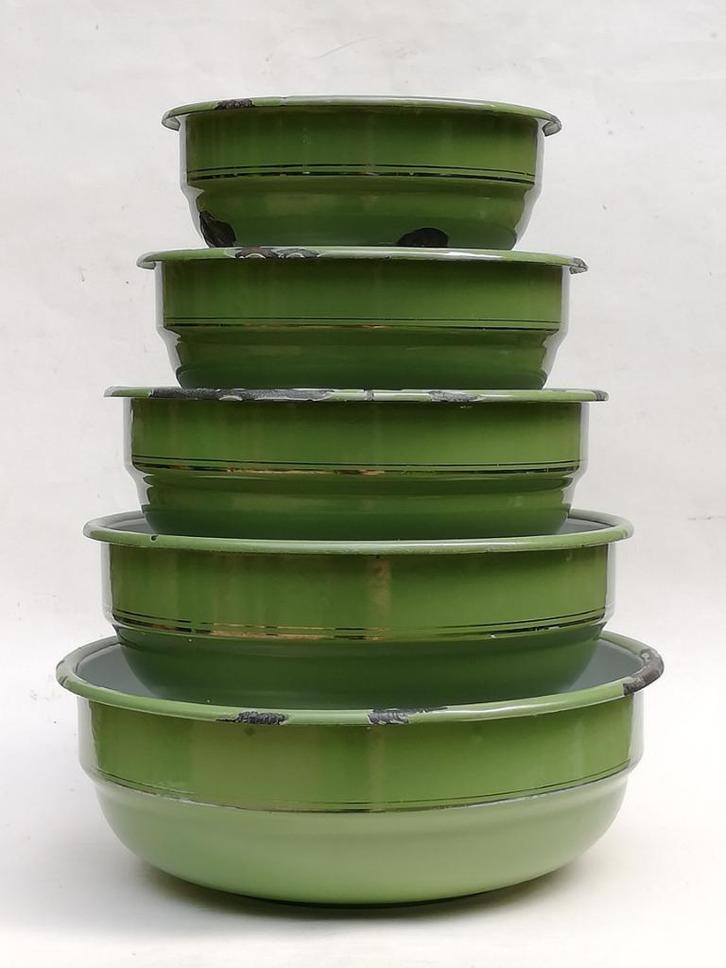 Bel ensemble de 5 bols gigognes - émail - Brabantia - c 1950, Antiquités & Art, Curiosités & Brocante, Enlèvement ou Envoi