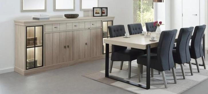 Dressoir + eettafel + salontafel olm eik/zwart, Huis en Inrichting, Stoffering | Gordijnen en Lamellen, Zo goed als nieuw, Crème
