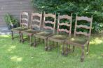5 eiken stoelen met zitvlakken in groene velours, Vijf, Zes of meer stoelen, Gebruikt, Bruin, Hout