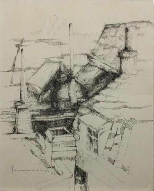 Paul Grusenmeyer (1930-2006): Zicht op daken 1962 (32x38 cm), Antiek en Kunst, Kunst | Schilderijen | Klassiek, Ophalen of Verzenden