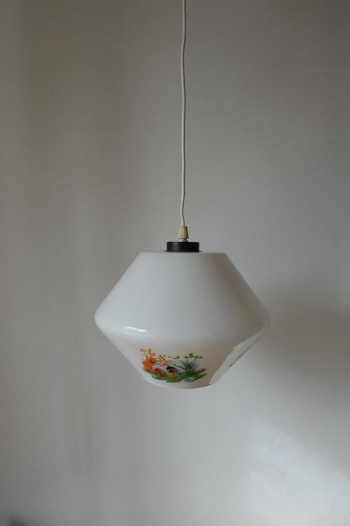 Vintage lamp hanglamp kinderkamer melkglas tekeningen 1960's, Huis en Inrichting, Lampen | Hanglampen, Zo goed als nieuw, Glas