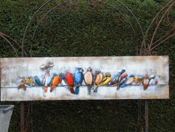 schilderij, metalen frame met reliëf, vogels op een draad beschikbaar voor biedingen