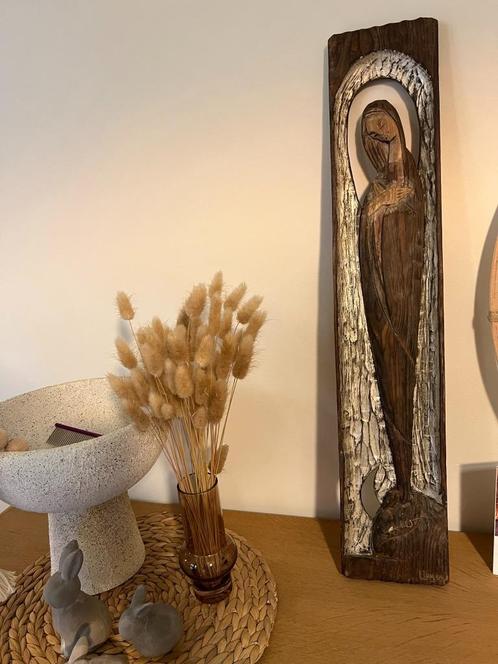 Vintage Religieus Houtsnijwerk, Art Deco stijl, getekend, Verzamelen, Religie, Gebruikt, Christendom | Katholiek, Beeld(je), Ophalen of Verzenden