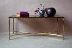 Grande table basse en métal laiton doré et verre  fumé desig, Ophalen