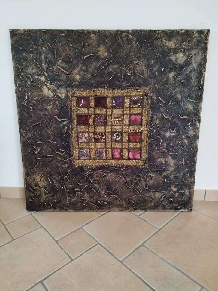 Handgemaakte Indonesische mixed media doek 100x100 cm, Huis en Inrichting, Woonaccessoires | Wanddecoraties, Ophalen