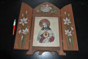 Cadre Triptyque en bois peint à volets image Coeur de Jésus 