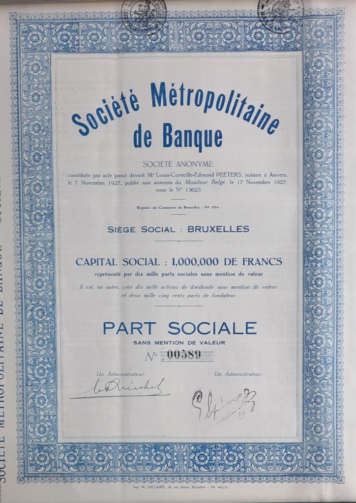 Société Metropolitaine de Banque - Bruxelles - 1927, Postzegels en Munten, Aandelen en Waardepapieren, Aandeel, 1920 tot 1950