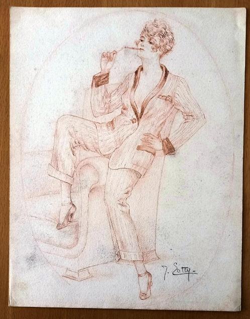 A493-81 Oude tekening vrouw in pyjama op leuning stoel, Antiek en Kunst, Kunst | Tekeningen en Fotografie, Ophalen of Verzenden