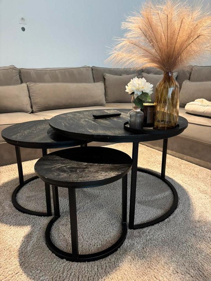 Moderne zwarte salontafelset – 3-delig, Huis en Inrichting, Tafels | Salontafels, Zo goed als nieuw, Eikenhout, Overige houtsoorten