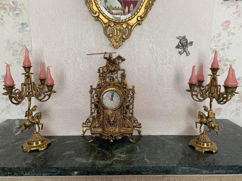 3 delig antiek koper schouwgarnituur., Antiek en Kunst, Antiek | Klokken, Ophalen