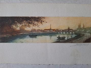 Aquatint Landschap met rivier, brug en kerk De Graef beschikbaar voor biedingen