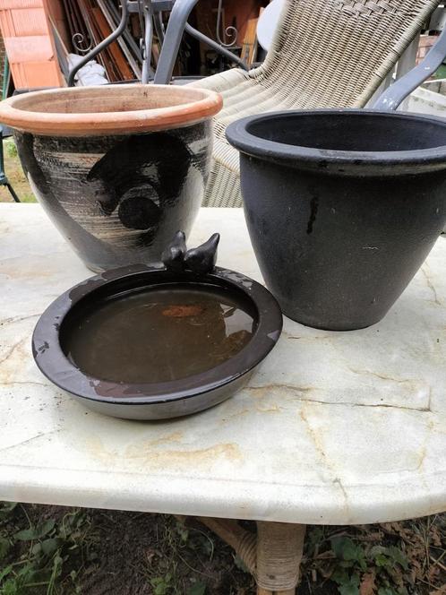 Geglazuurde  zwart bloempot vogeldrinkbak vogelvoederschaal, Tuin en Terras, Bloempotten, Zo goed als nieuw, Terracotta, Ophalen of Verzenden