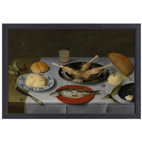 Stilleven van haring, vlees, vruchten, boter en brood - Jaco, Huis en Inrichting, Woonaccessoires | Schilderijen, Tekeningen en Foto's