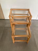 Set van 3 bamboe bijzettafeltjes, Huis en Inrichting, Tafels | Bijzettafels, Ophalen, Bamboe, Glas, Zo goed als nieuw