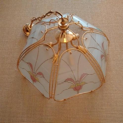 Vintage luster/luchter uit glas, paneeltjes met bloemmotief, Huis en Inrichting, Lampen | Kroonluchters, Zo goed als nieuw, Glas