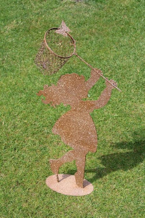 Smeedijzeren plaquette van Pat: een meisje dat jaagt op..., Tuin en Terras, Tuinbeelden, Nieuw, Overige typen, Metaal, Ophalen