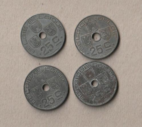 België : 4 versch. (gebruikte) munten van 25 ct : 1943-1946, Postzegels en Munten, Munten | België, Setje, Ophalen of Verzenden