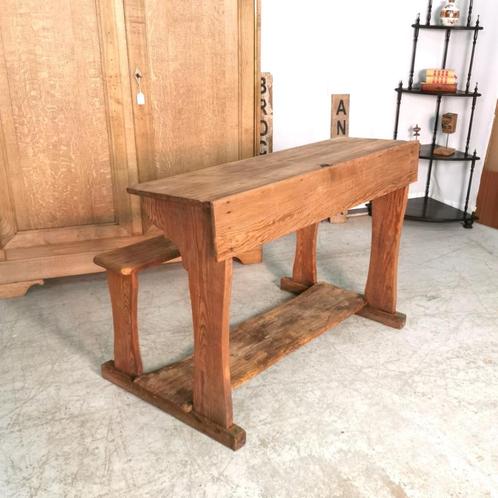Dubbele antieke schoolbank in massief hout L 135 D 77, Antiek en Kunst, Curiosa en Brocante, Ophalen