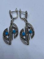 Zilveren oorbellen met echte turkoois, Avec pierre précieuse, Bleu, Argent, Puces ou Clous