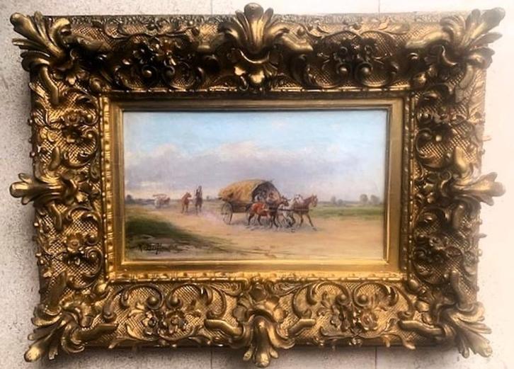 Huifkar met driespan - Anton Rudolf Derfla (Wenen 1849 - ?), Antiek en Kunst, Kunst | Schilderijen | Klassiek, Ophalen of Verzenden