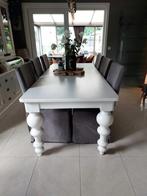 Mooie landelijke duurzame tafel met 6 stoelen + stoelhoezen,, Ophalen, Zo goed als nieuw