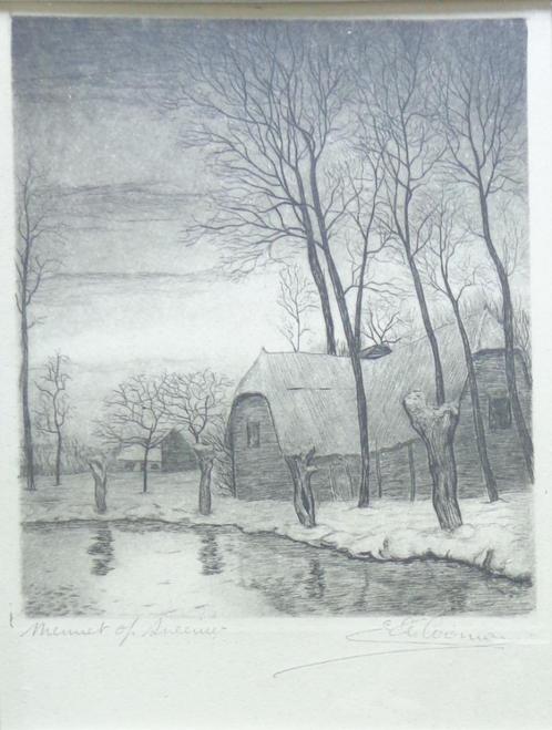EMIEL DE COOMAN / MENUET OP SNEEUW / ZW-W ETS / 42x32cm KAD, Antiek en Kunst, Kunst | Etsen en Gravures, Ophalen of Verzenden