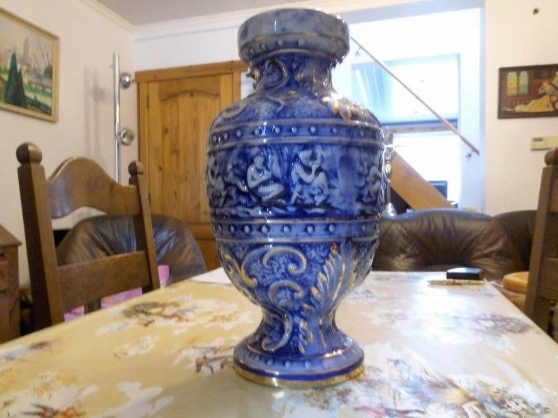 Magnifique Vase céramique bleu et fleurage or H43 X D24 cm, Enlèvement
