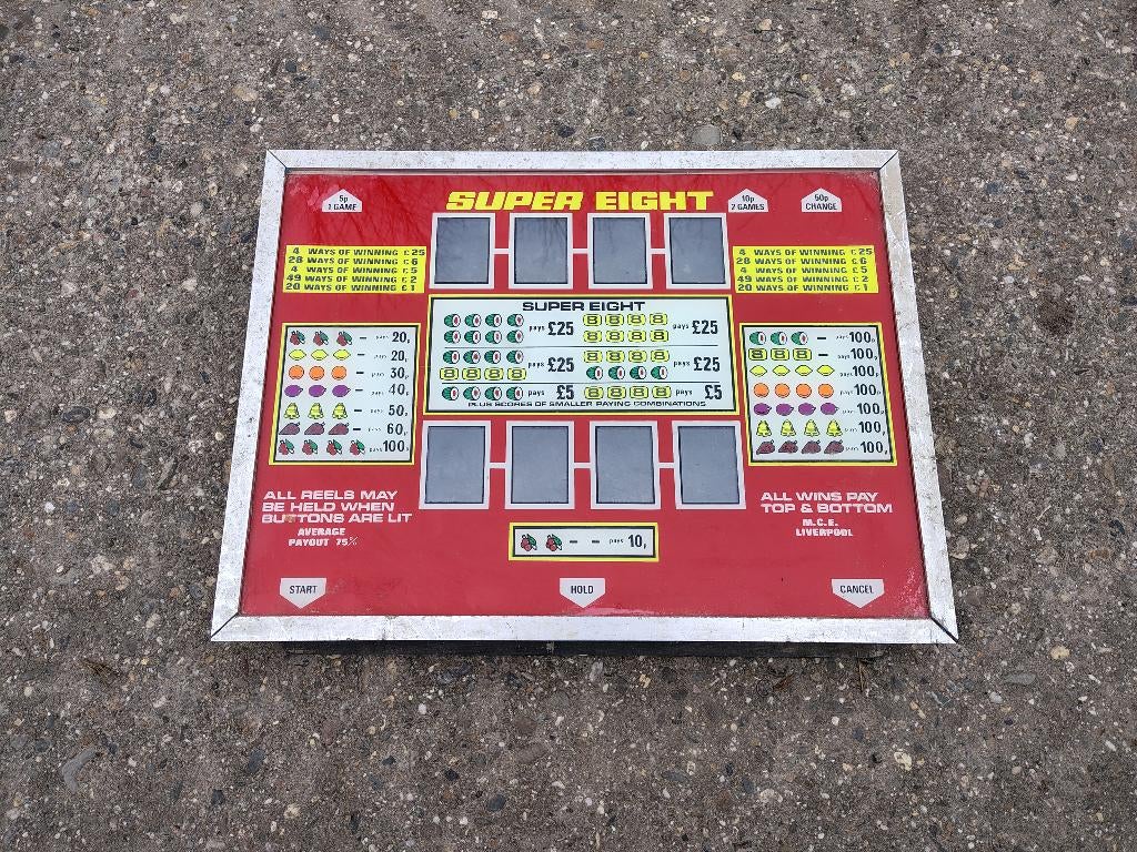 Glazen Ruit: Super Eight M.C.E Liverpool / Fruitautomaat /UK, Verzamelen, Automaten | Gokkasten en Fruitautomaten, Ophalen