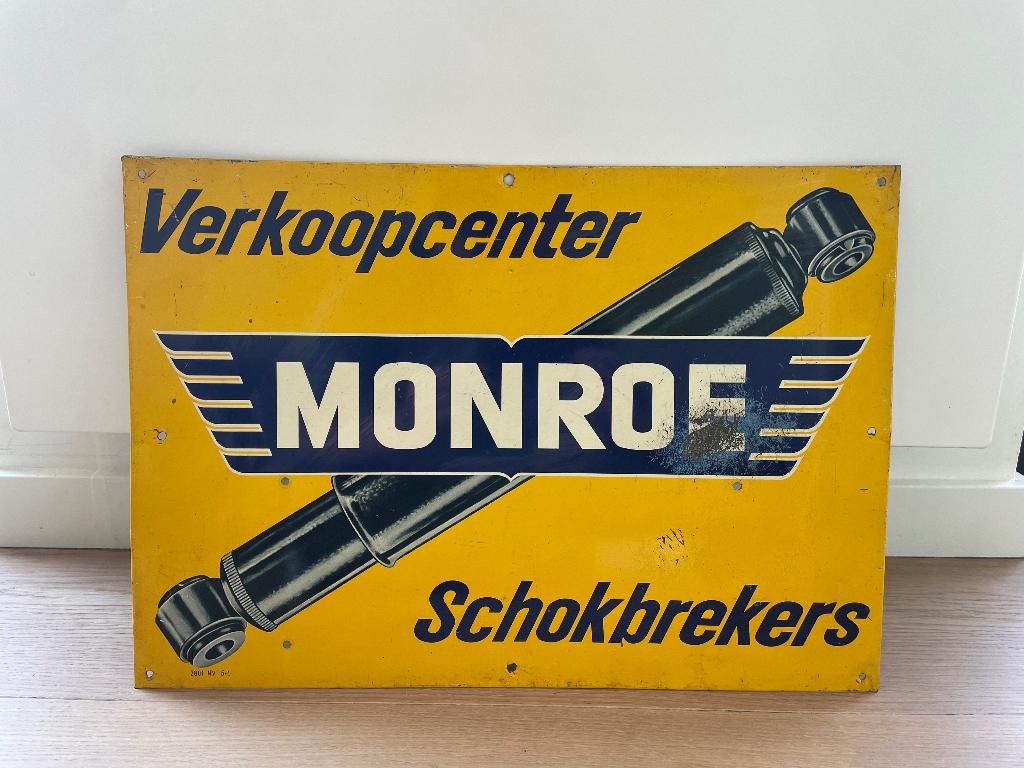Oud metalen reclamebord Monroe schokdempers, Ophalen of Verzenden, Gebruikt, Reclamebord