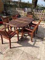 Te koop: Echte teakhouten tuintafel met 6 stoelen en kussens, Enlèvement, Bois de teck