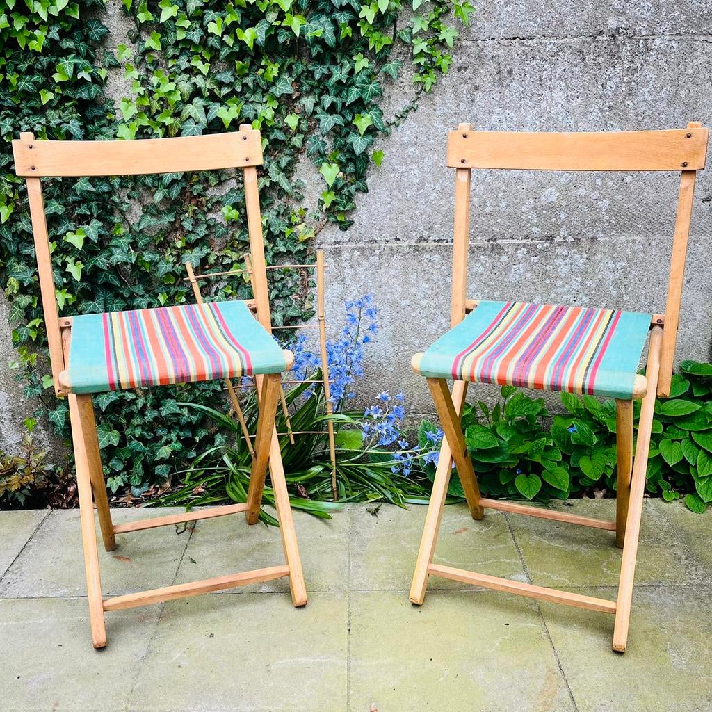 2 chaises pliantes vintage en bois et toile rayée, Enlèvement ou Envoi, Utilisé, X, Bois