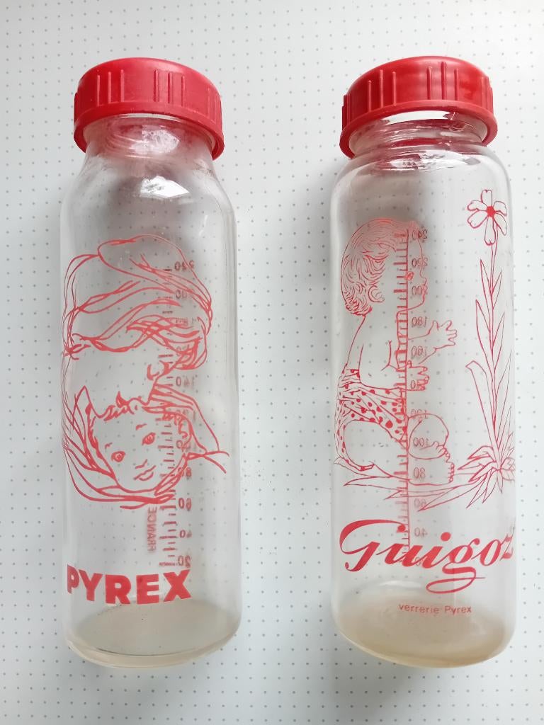 Glazen vintage babyflessen Pyrex en Guigoz, Ophalen