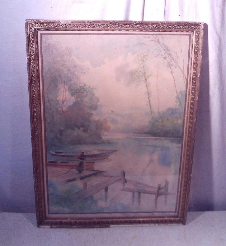 Mooi Oud Aquarel 'Vrouw aan de Steiger' - F Joseph, Antiquités & Art, Art | Peinture | Classique, Enlèvement ou Envoi