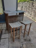 Bar in teak met 2 barkrukken, ook voor buiten, Ophalen, Zo goed als nieuw